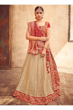 Beige and red Indian silk wedding lehenga